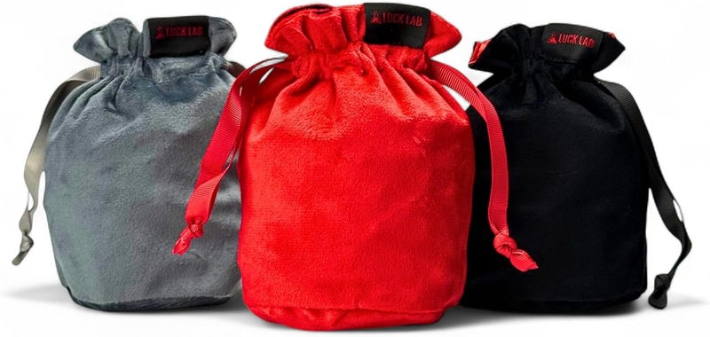 Luck Lab Velvet Drawstring Dice Bag - Set of Three Colors - Dungeons and Dragons Fabric/Standing Cotton Fabric Dice Bags/D&D Dice Pouch/Small Pouch/Velvet Jewelry Bag (Red, Black, Grey) - Image 1
